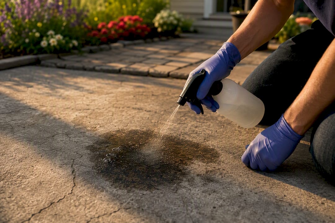 Hands spraying degreaser on oily concrete spot
