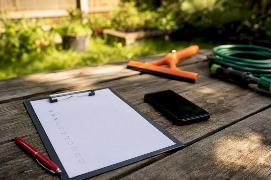 Checklist and cleaning tools on outdoor table