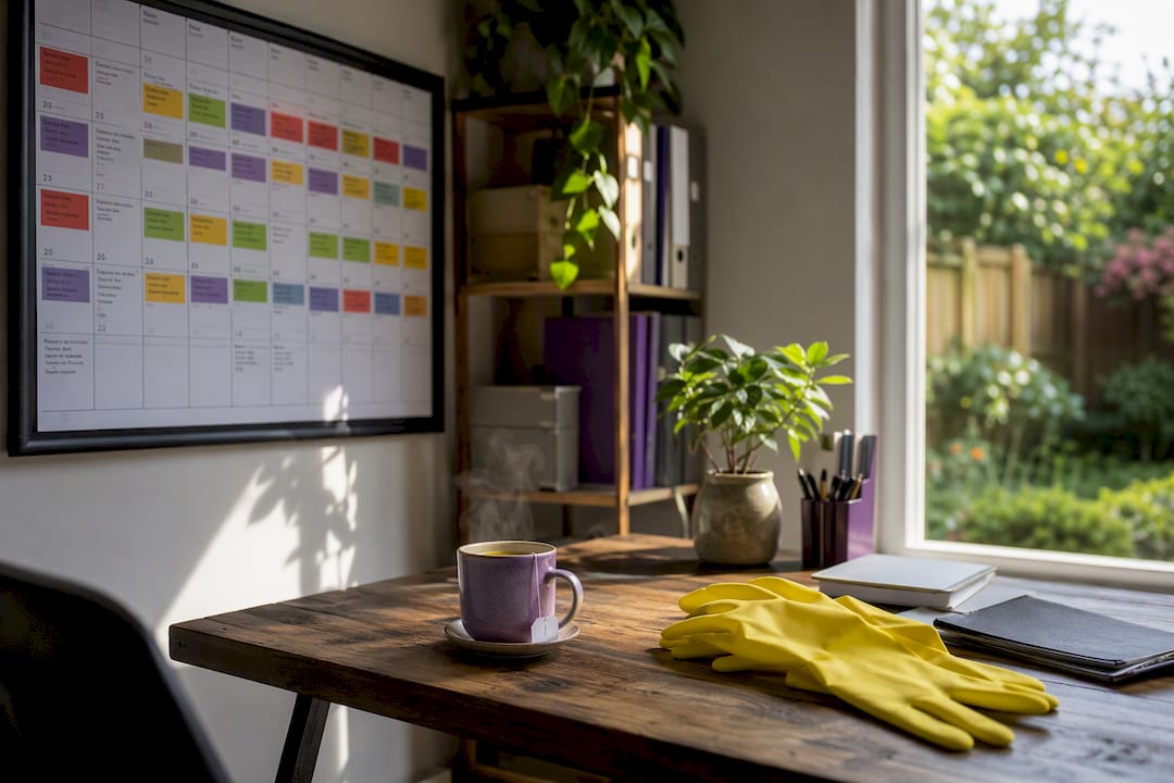 Hands placing calendar entry with cleaning schedule
