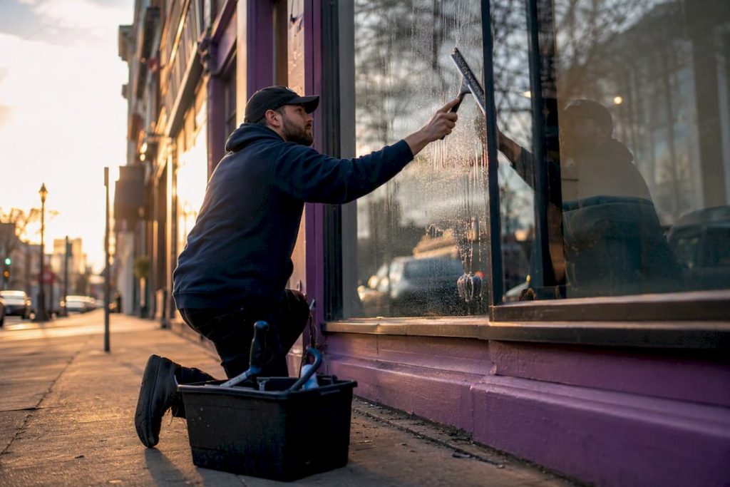 Professional cleaning storefront windows outdoors