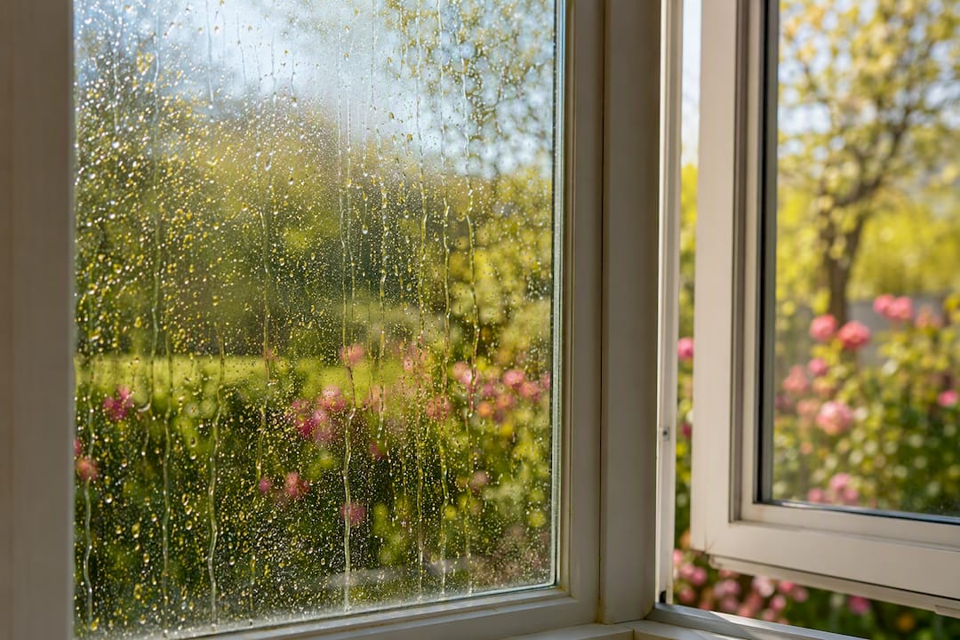 Spring window glass with pollen residue and raindrops