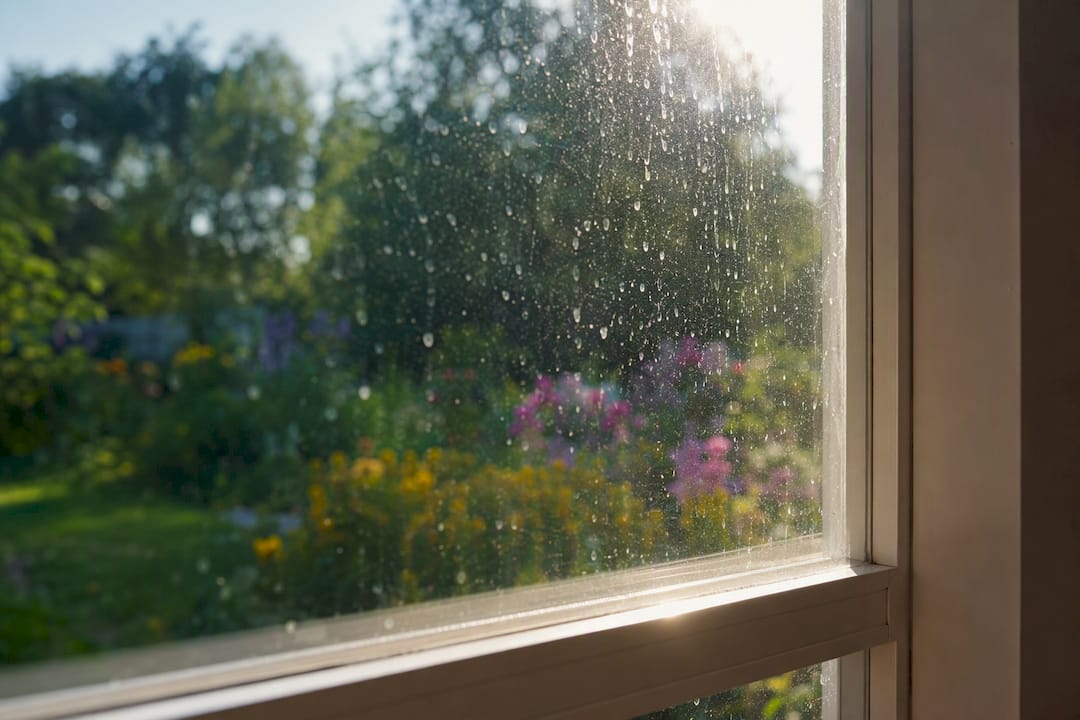 Window glass with baked-on sap and dust under summer sun