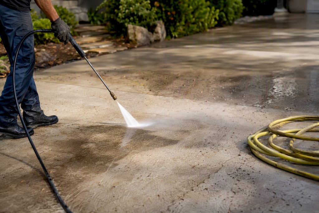 Pressure washing driveway cleaning dirt stains