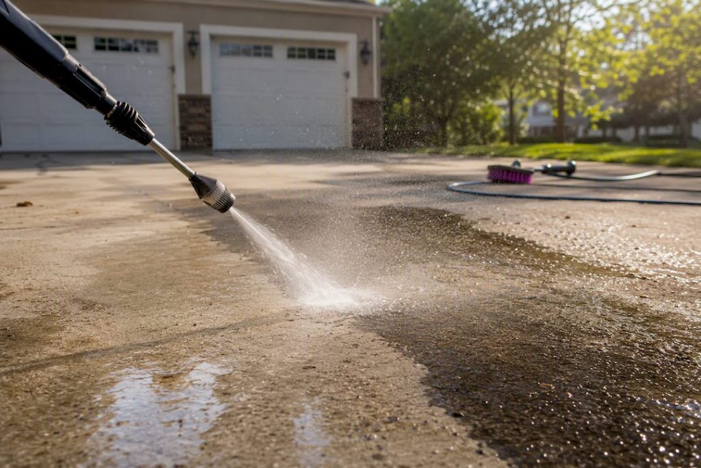 Pressure washing residential driveway in action