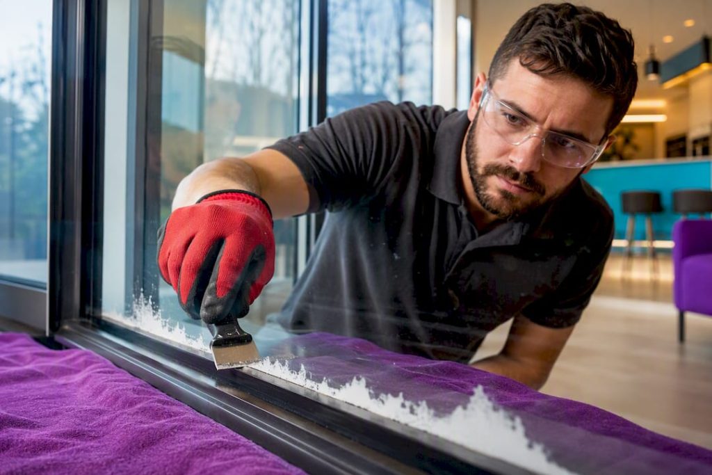Technician removing paint overspray from glass
