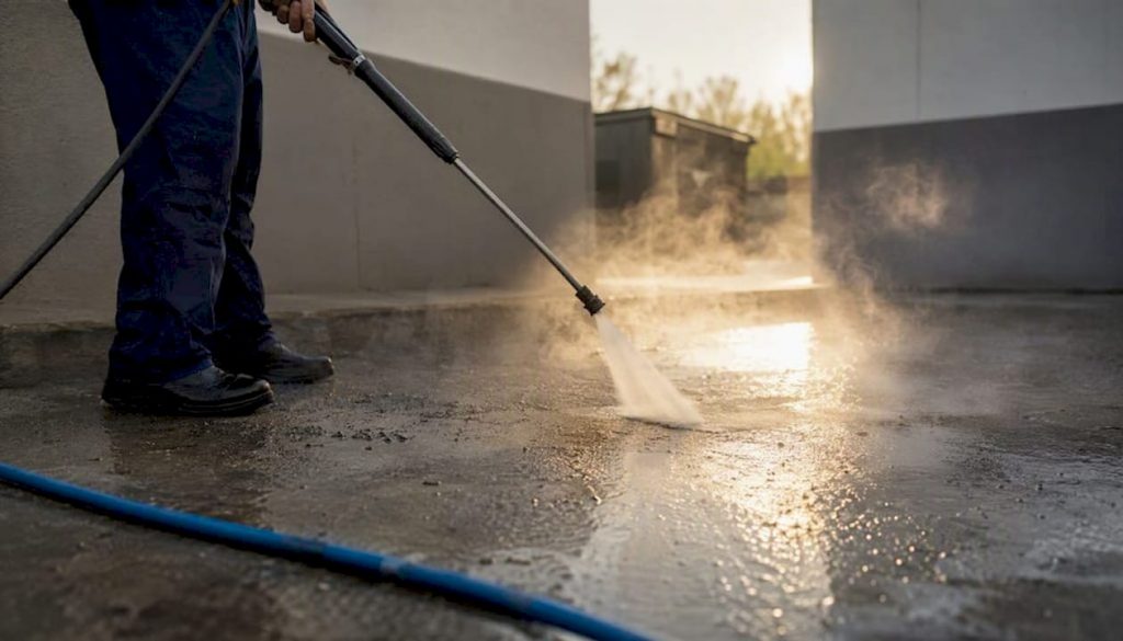 technician pressure washing commercial dumpster pad
