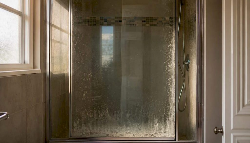 close up of mineral hard water deposits on shower