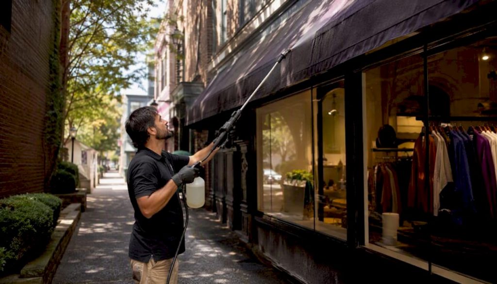 technician soft washing commercial storefront awning