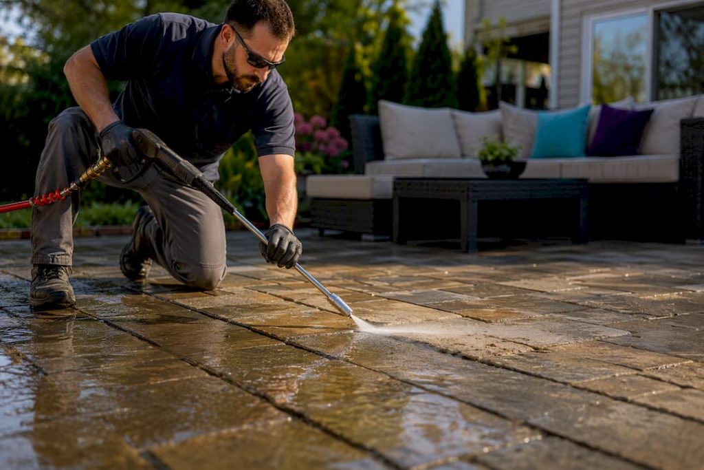 Technician pressure washing a paver patio