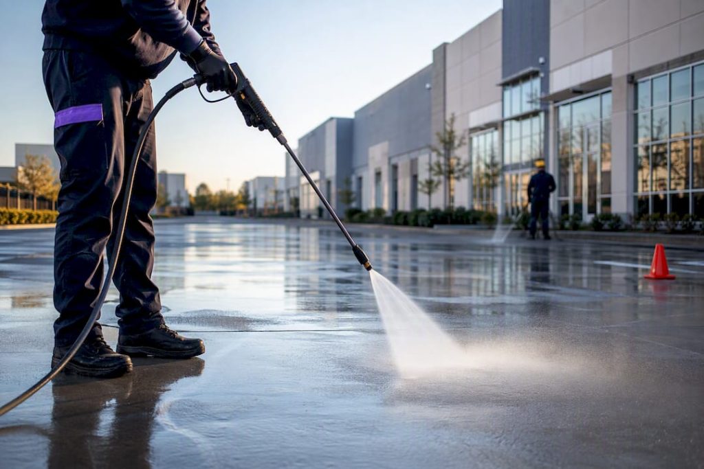 Commercial crew pressure washing a parking lot
