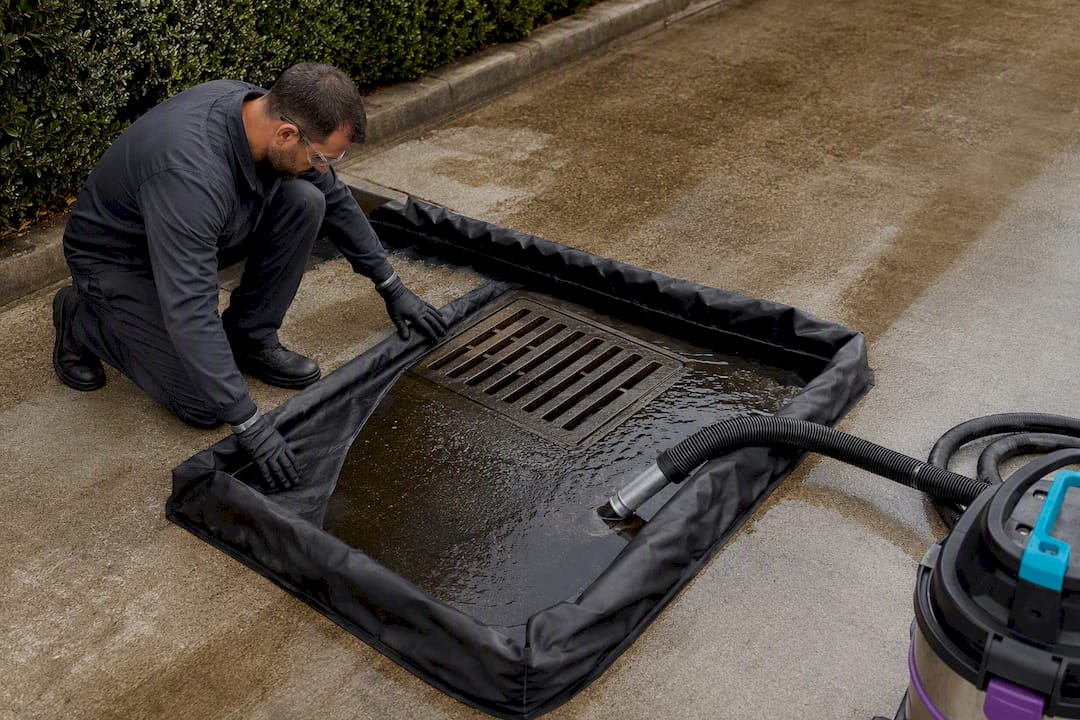 Containment mat protecting a commercial storm drain