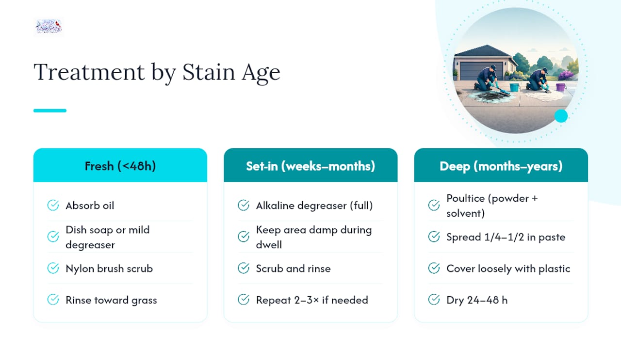 Three driveway oil stain treatment paths by age
