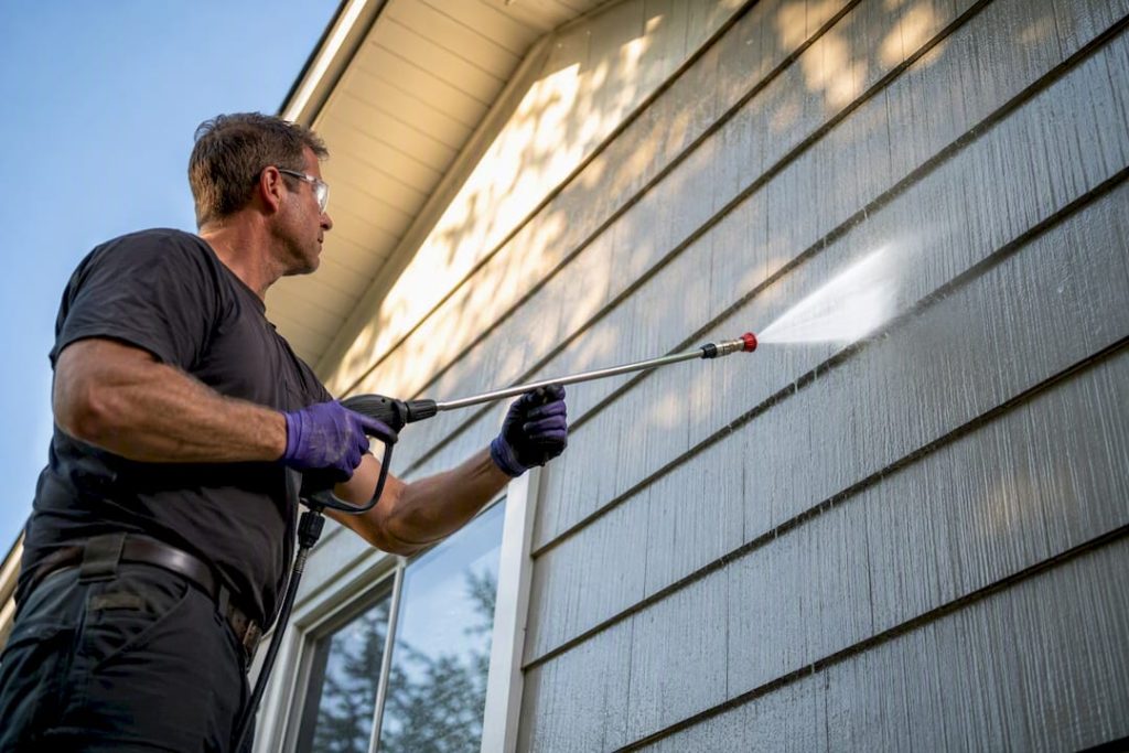 Technician pressure washing siding before painting