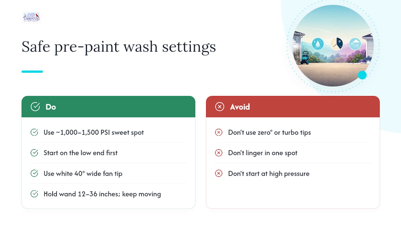 Safe pressure washing nozzle and distance settings