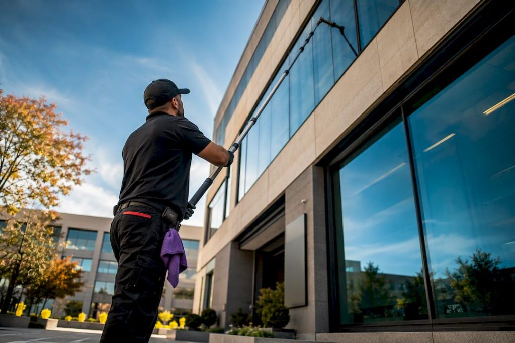 Technician cleaning upper office windows