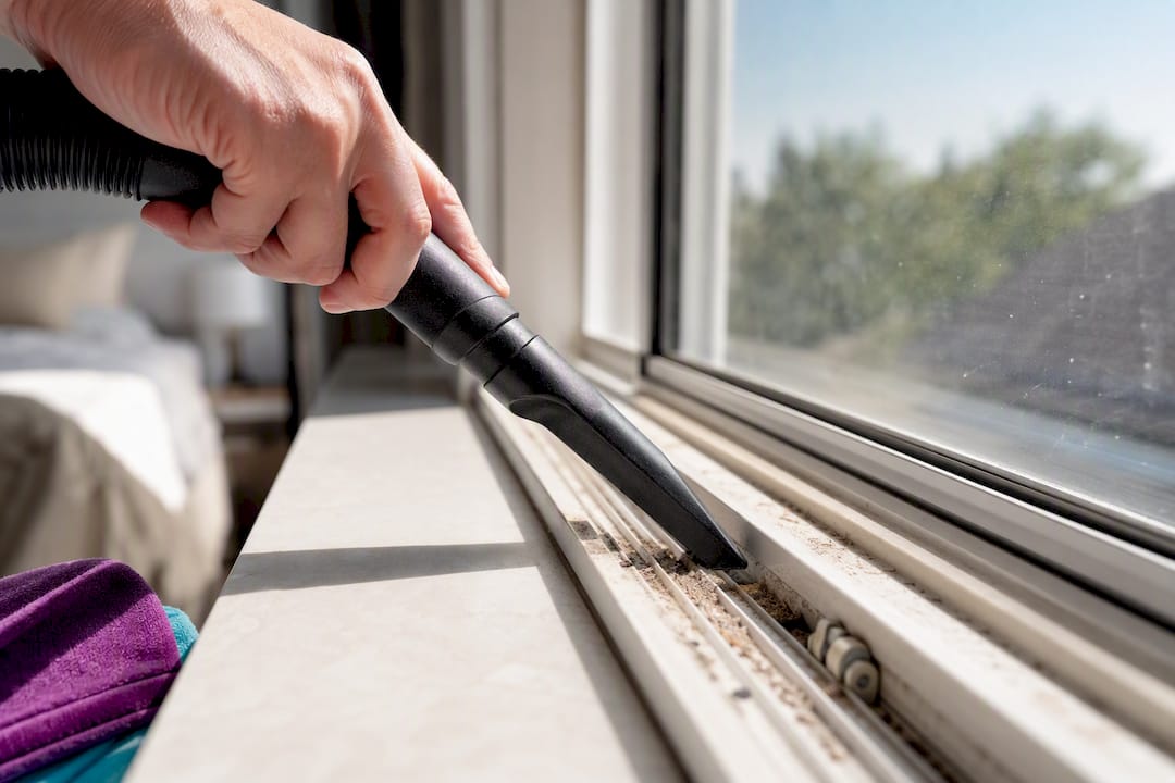 Crevice tool vacuuming dry window debris