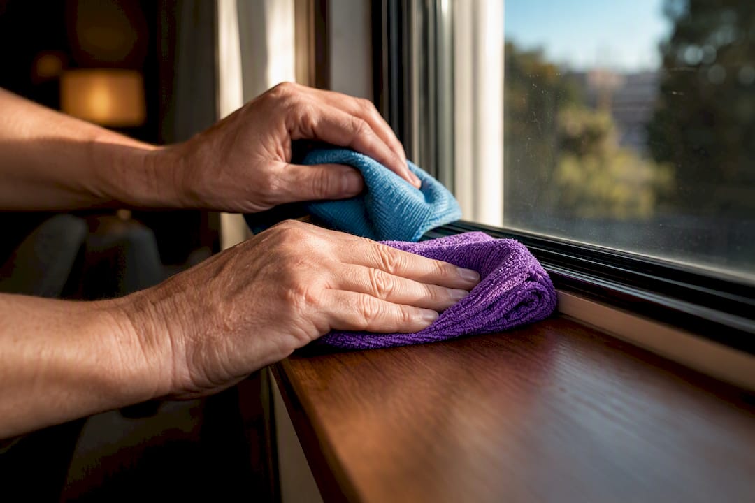 Buffing interior window edges with microfiber cloths