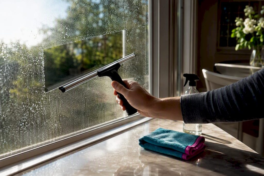 Cleaning mineral marks from an interior window
