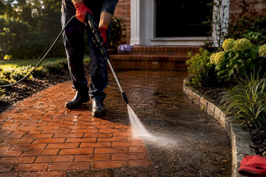 Technician pressure washing a residential brick walkway