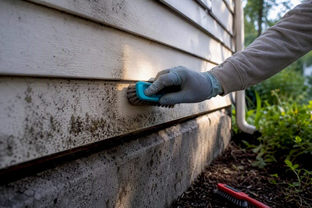 Gloved hand scrubbing mold from siding