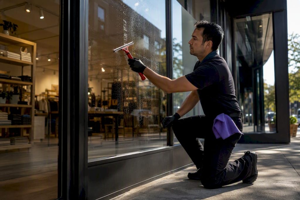 Cleaner squeegeeing a storefront window