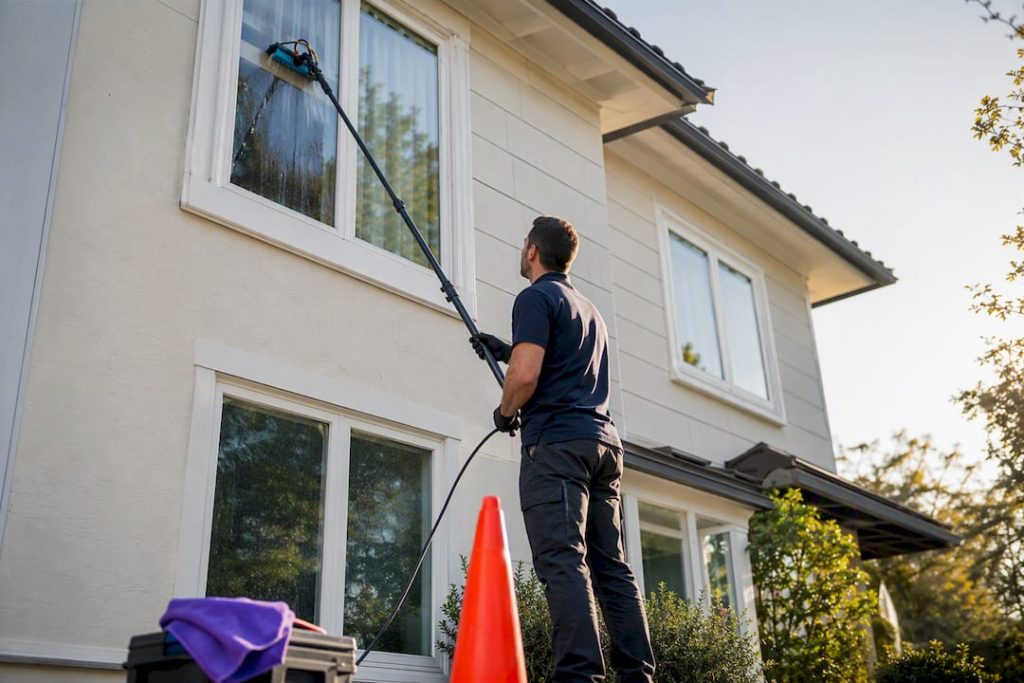 Technician rinsing upper windows with purified water