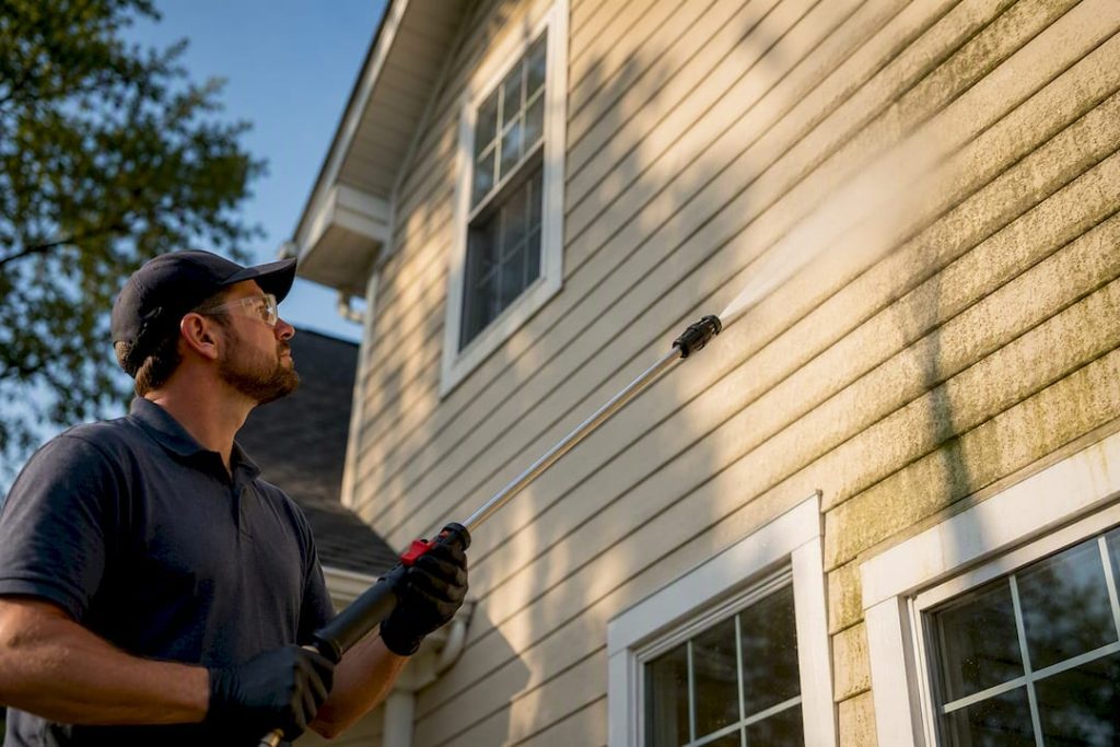 Professional gently rinsing two-story home siding