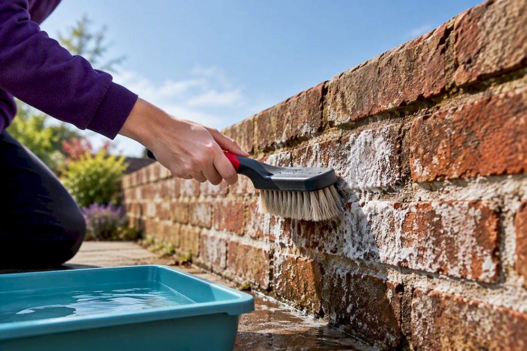 Soft brush removing white efflorescence from brick