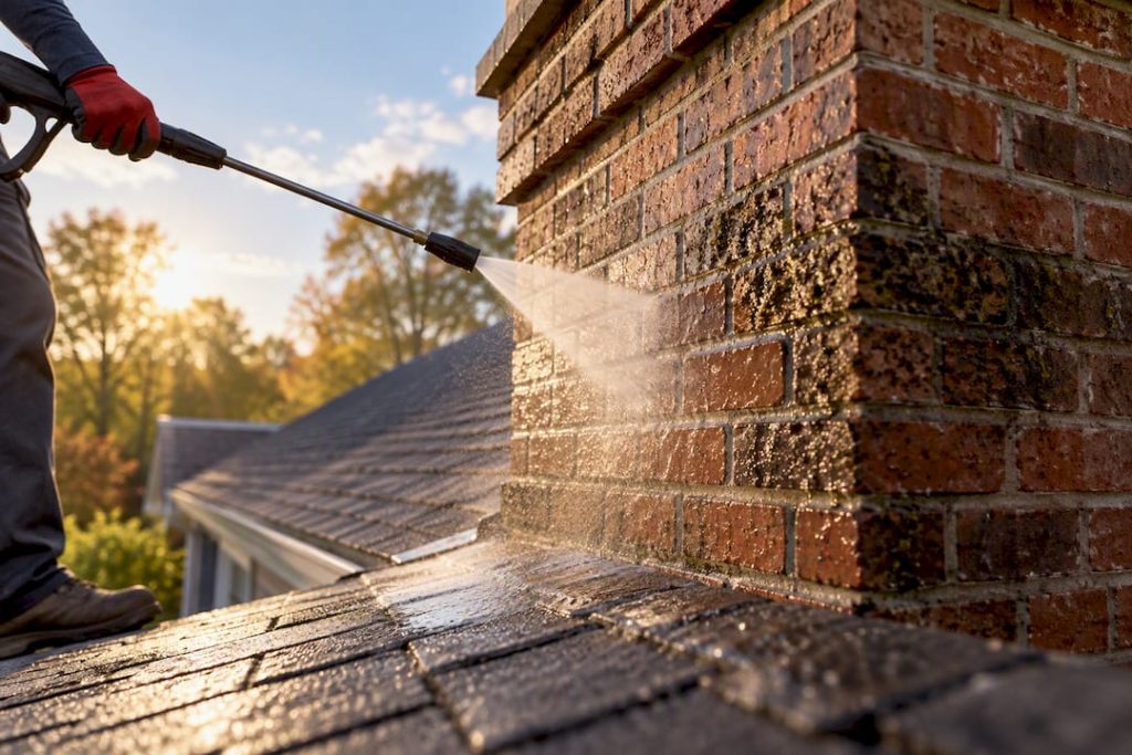 Homeowner safely rinsing residential brick