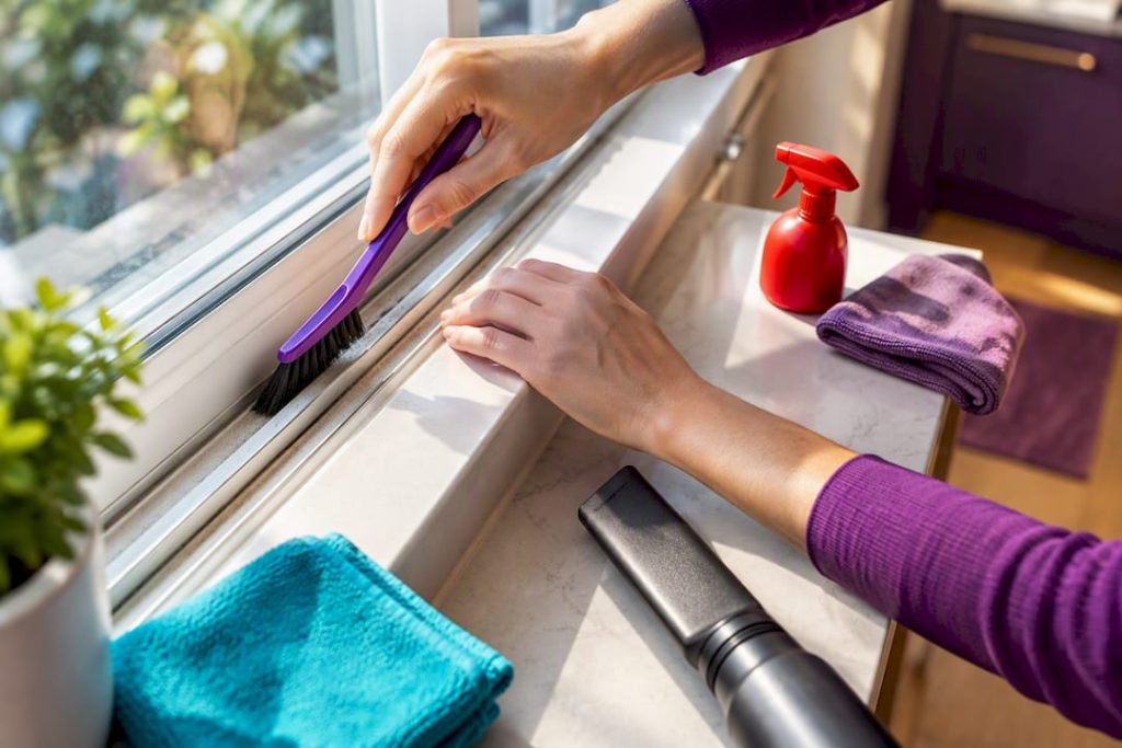 Hands cleaning a window frame with tools