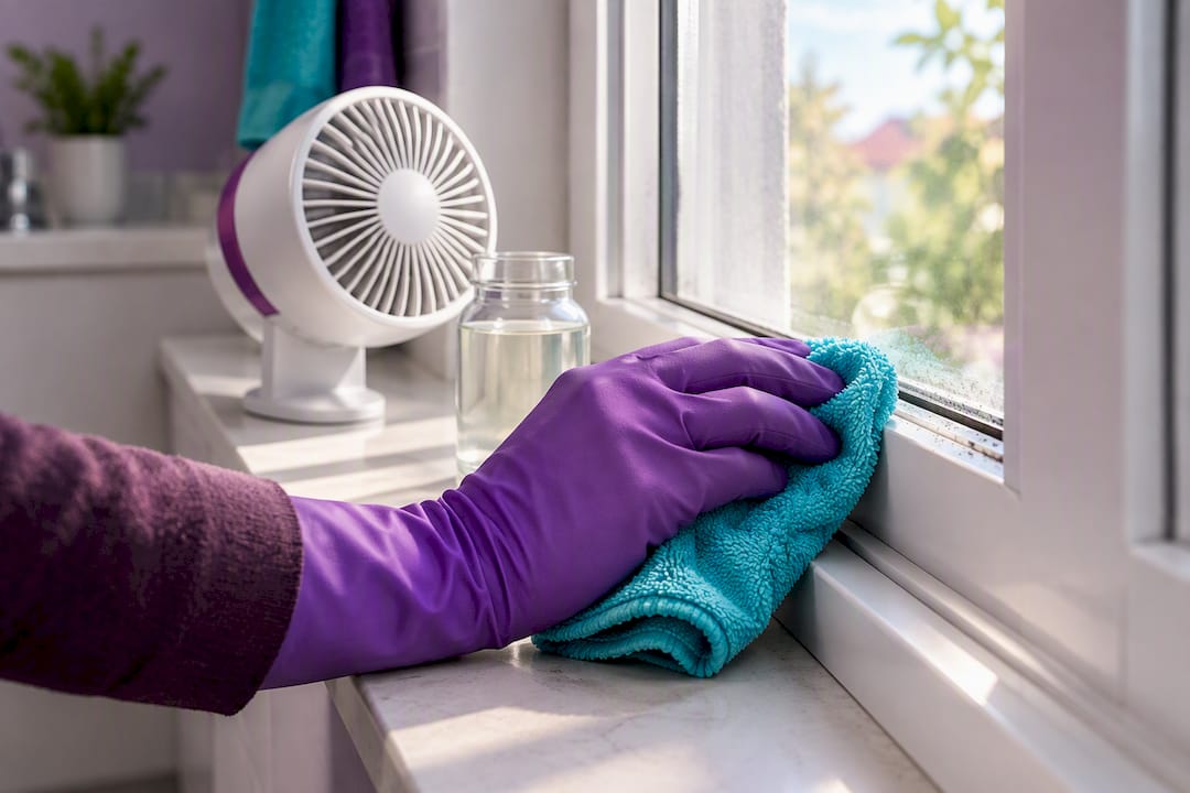 Mildew being wiped from a window frame