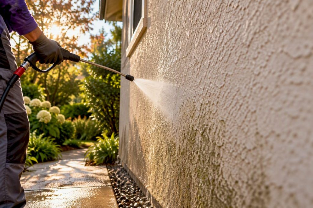 Low-pressure soft washing on stucco wall