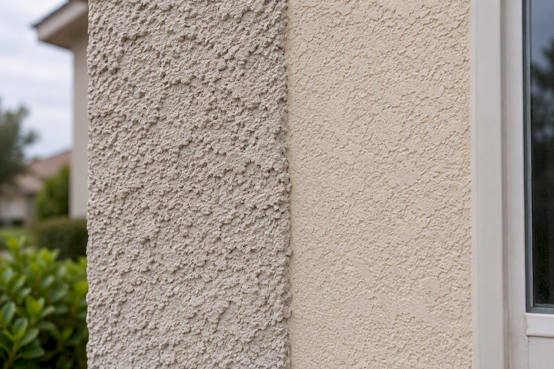 Close comparison of two stucco finishes