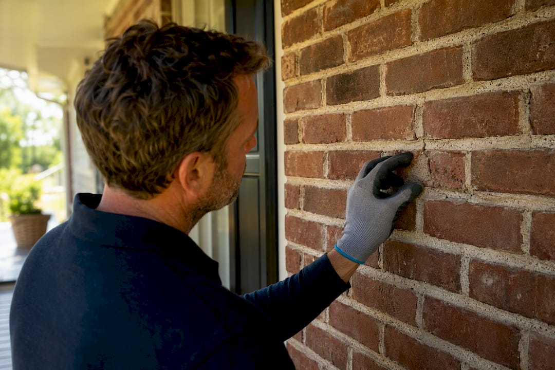 Homeowner inspecting cracked brick mortar