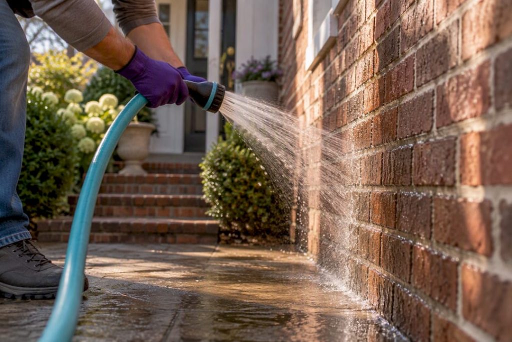 Gentle hose rinsing a brick wall