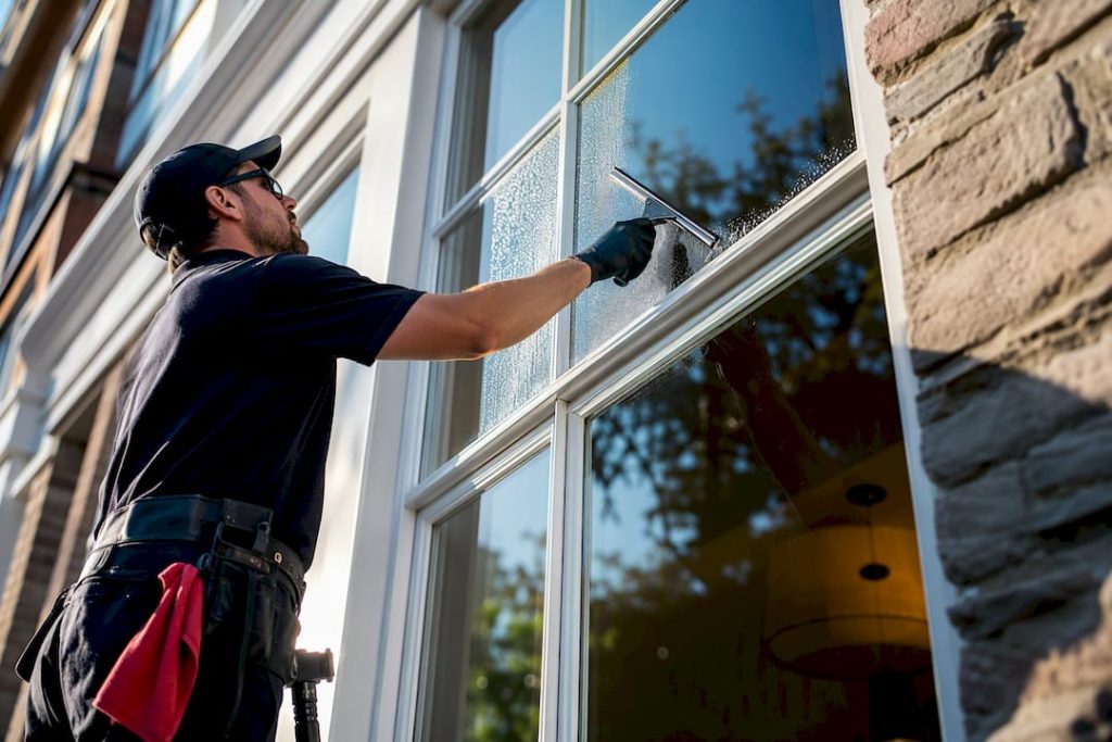 Cleaner working across tall residential window panes
