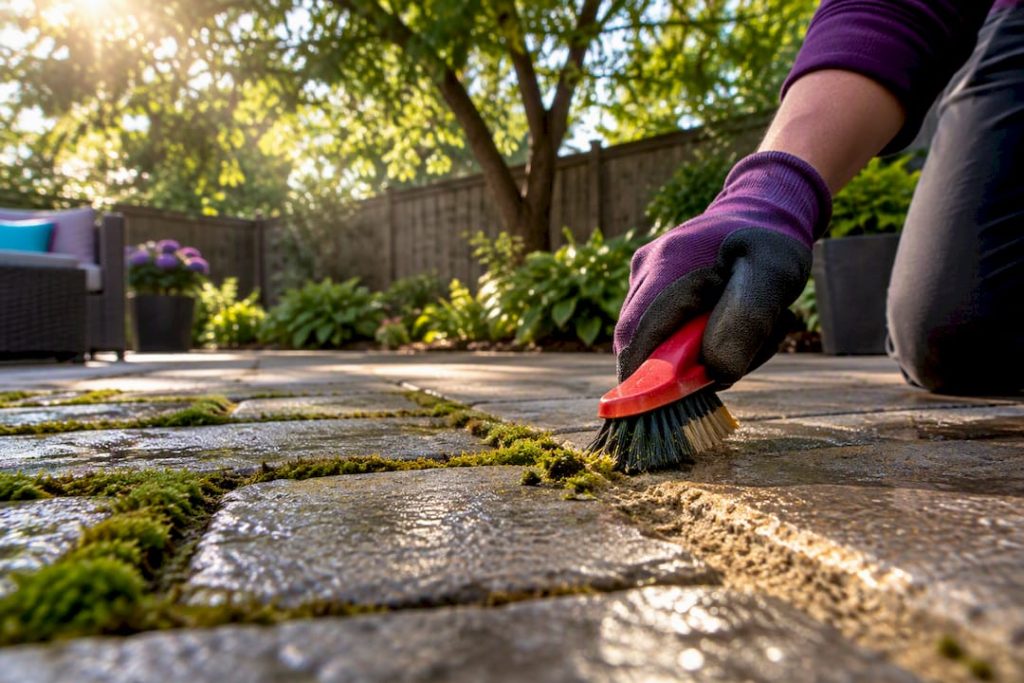 Moss being brushed from patio paver joints