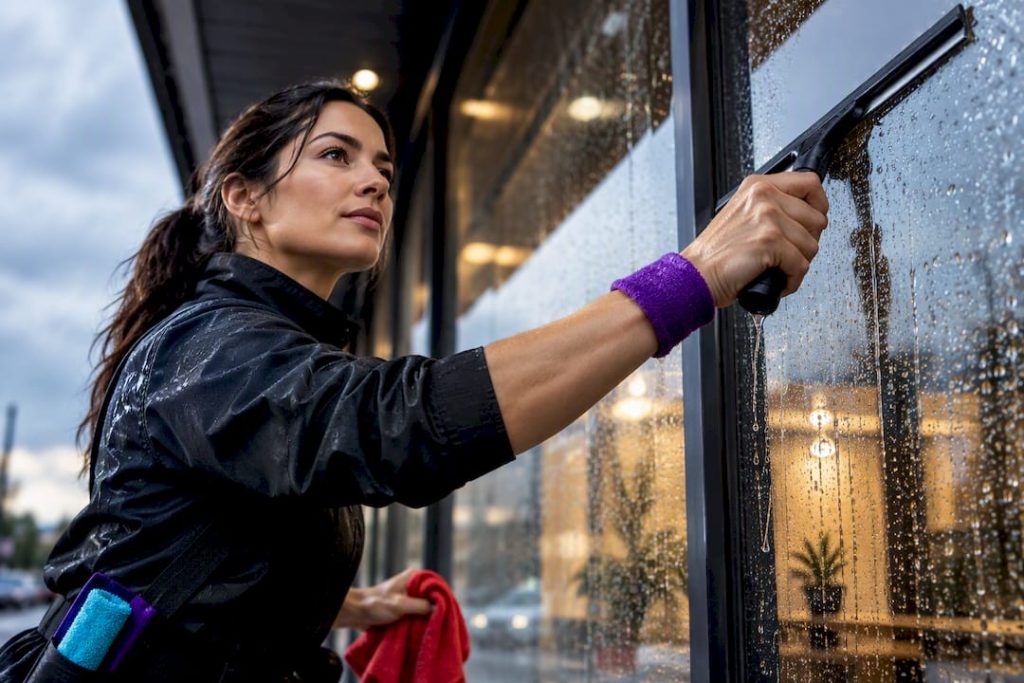 Professional cleaning rain-speckled commercial window