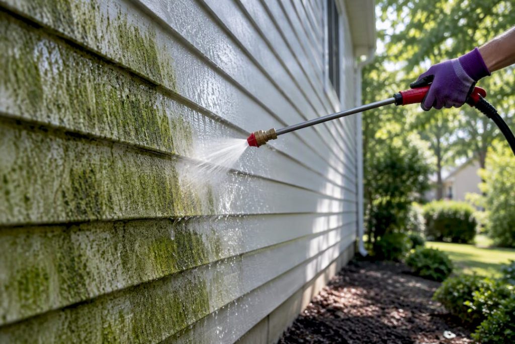 Soft washing algae from shaded home siding
