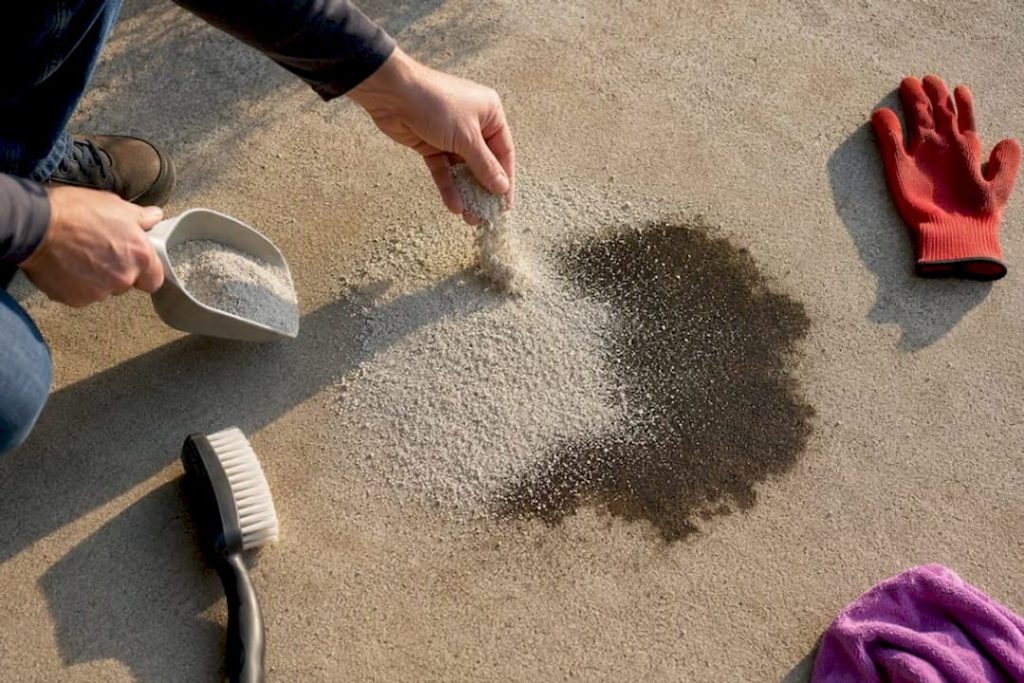 absorbent powder covering fresh driveway oil stain