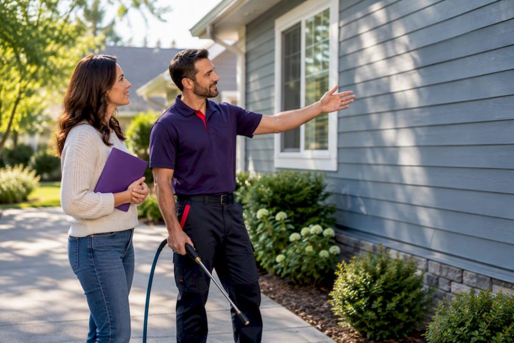 Homeowner discussing low pressure washing method