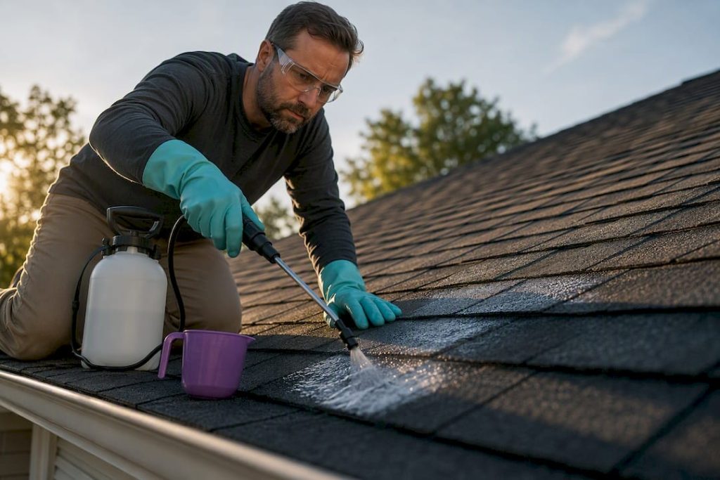 Gloved homeowner testing roof wash solution