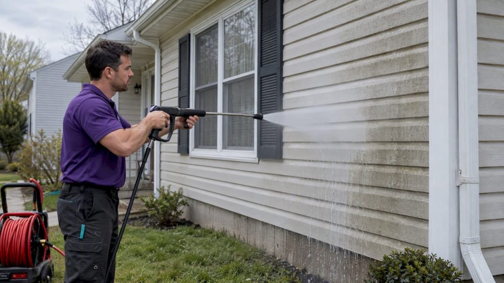 Technician pressure washing spring home siding