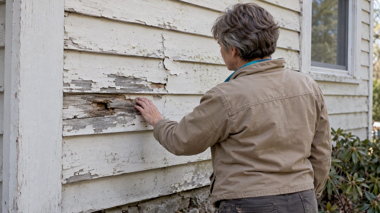 Homeowner inspecting siding before painting