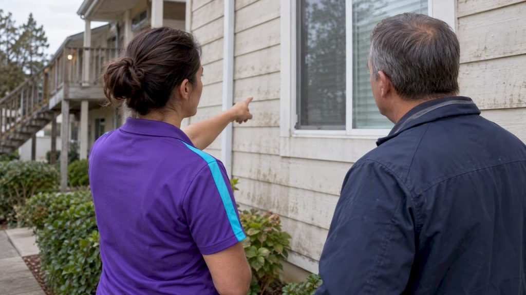 Homeowner discussing pressure washing with contractor