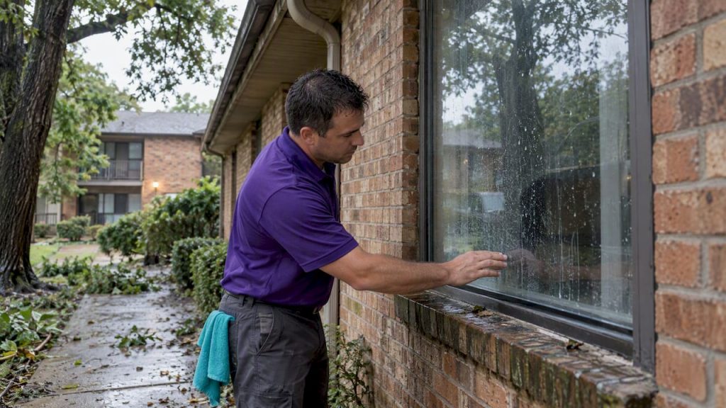 Technician inspecting storm-spotted apartment window