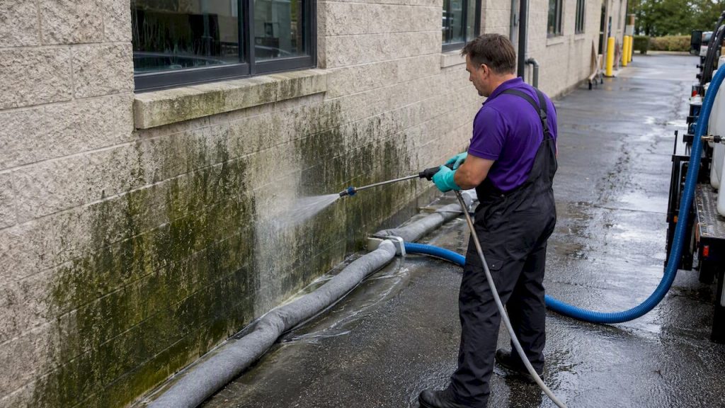 Contained commercial algae washing beside building