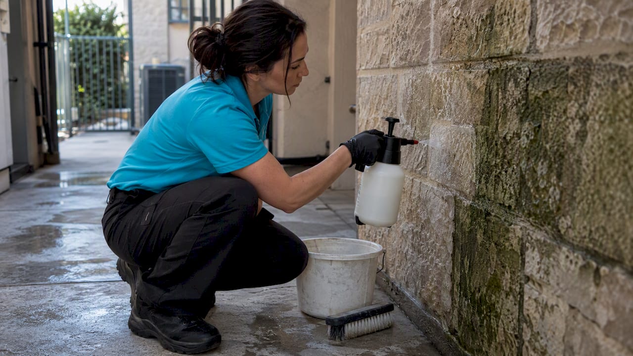 Technician testing biocide on stone facade