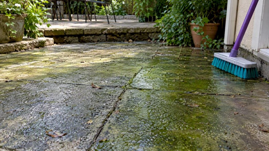 Green algae film on a damp patio