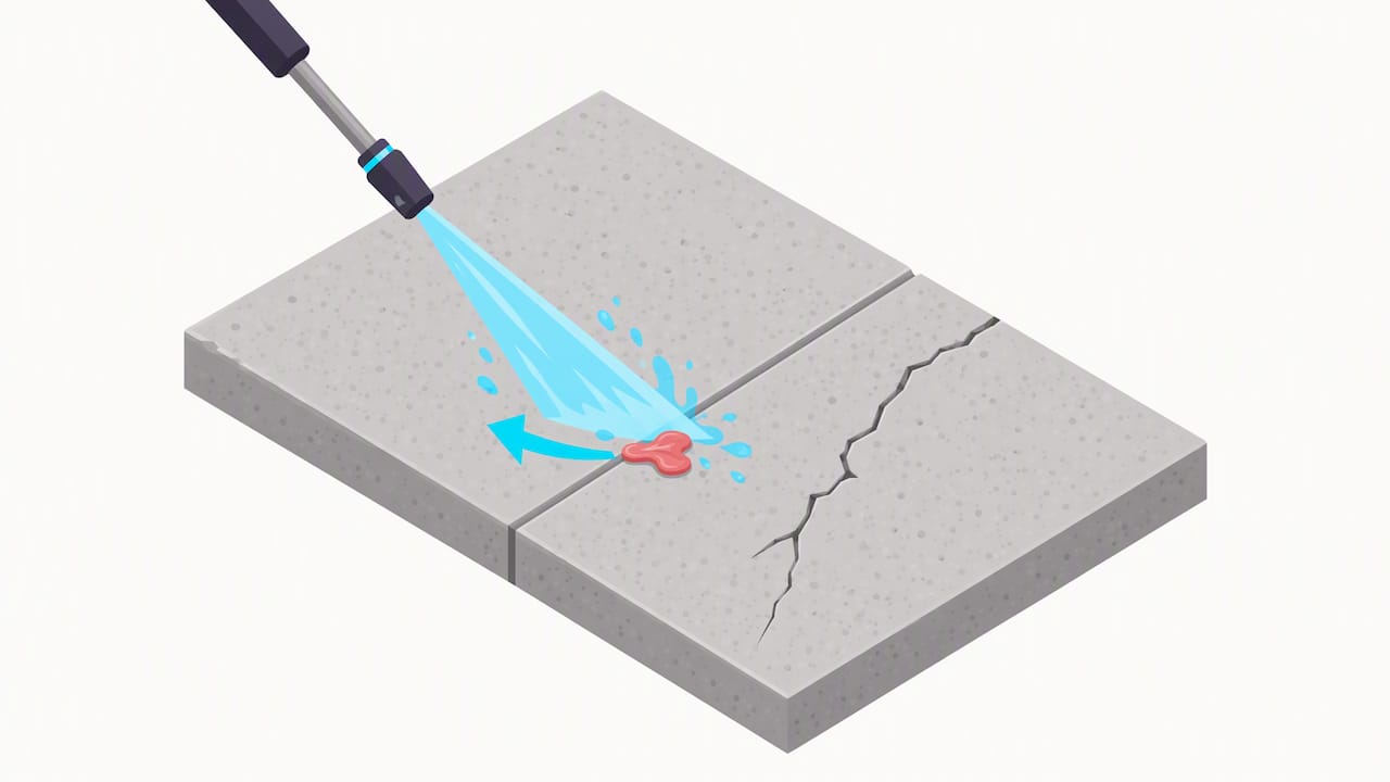 Spray direction moves gum away from pavement crack
